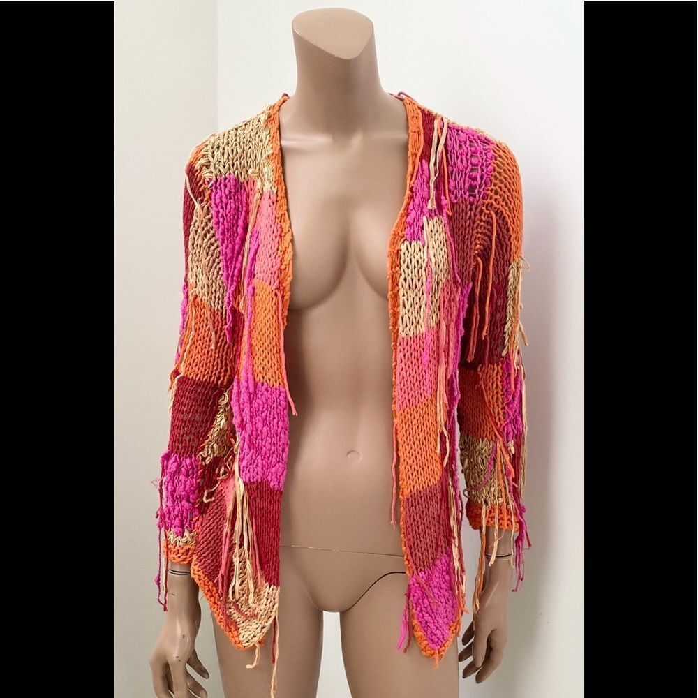 One of a kind hand knit fringes open cardigan S